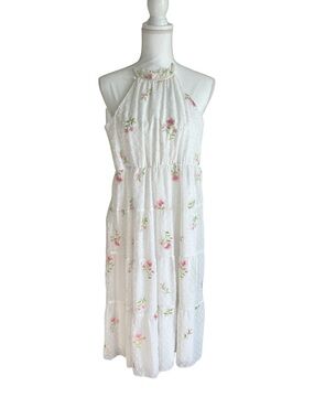 Girls White Floral Embroidered Maxi Dress Size 8 Cottagecore Swiss Dot